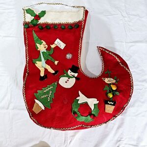 Vintage Large 22" Felt Pompoms Pixie Elf Christmas Stocking Tree Snowman 1960s